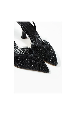 Duxal Shoes London Cam Kırıntıları Detay Arkası Açık Topuklu Ayakkabı Siyah
