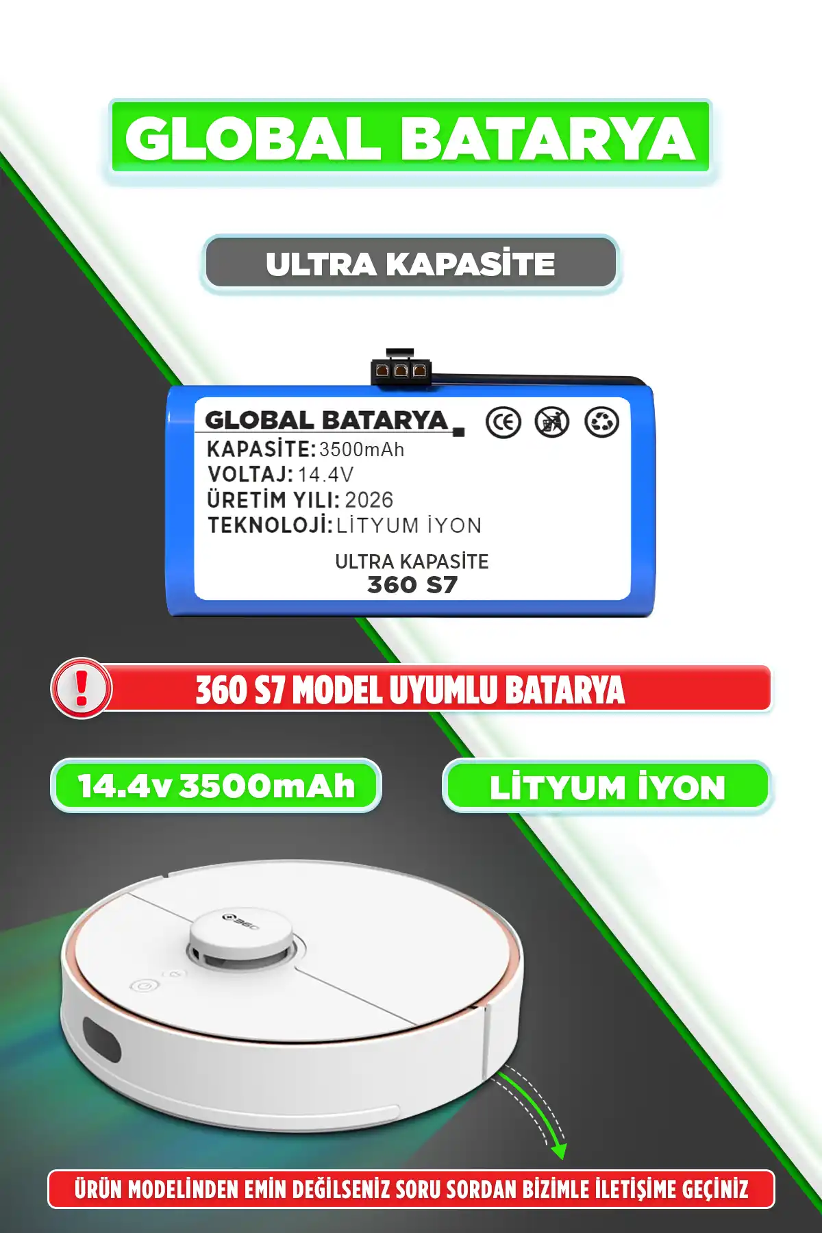 360 S7 Uyumlu Akıllı Robot Süpürge Bataryası 14.4v 3500mah Pil Ultra Kapasite