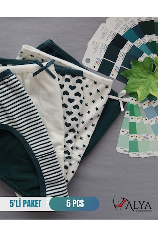 Alya Underwear Kız Çocuk Kalpli Dokuma Lastik Pamuklu Kumaş Slip Külot 5'li Paket 5 Adet Beyaz Koyu Yeşil P22