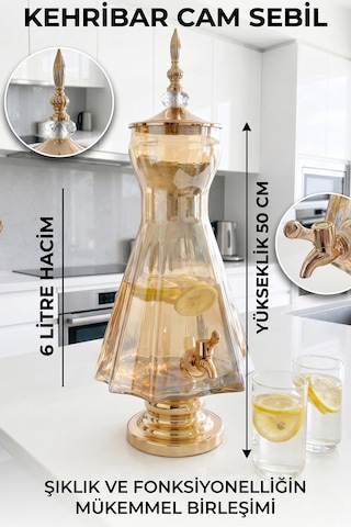 Cam Sebil - Yağlık, Şerbetlik, Sürahi - 6 Litre, 50 Cm-3