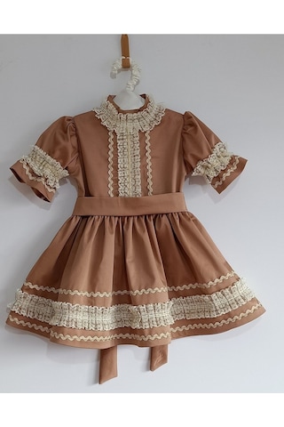 Kız Bebek Kahverengi Vintage Fistolu Elbise Karamel