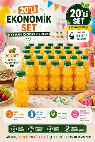 20'li Set Şeffaf Kaplumbağa Şişe Yeşil Kapaklı Pet İçecek Şişesi Çocuk Beslenme Matarası 250 Ml