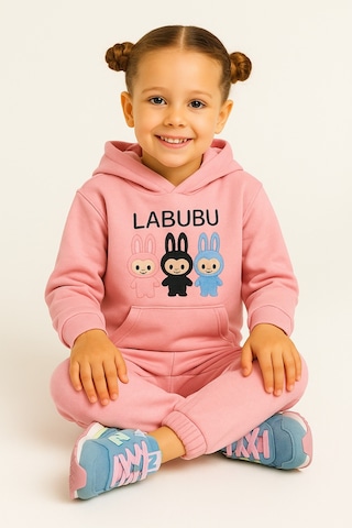 Esila Kids Kız Çocuk Eşofman Takımı Labubu Takım Kapüşonlu Baskılı Sweatshirt Ve Pantolon Pudra