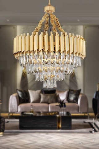 Avizemoda Palmira 55'Lik Prizma Kesim Kristal Taşlı Lüks Avize - (Sarı-Yaldız)