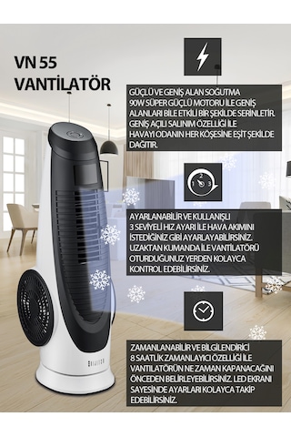 Dijitsu Vn55 Kule Tipi Vantilatör - Uzaktan Kumanda, 90w, Geniş Salınım, 3 Hız Ayarı, Otomatik Zamanlayıcı