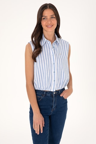 U.S. Polo Assn. Kadın Mavi Çizgili Kısa Kollu Gömlek 50306475-VR036