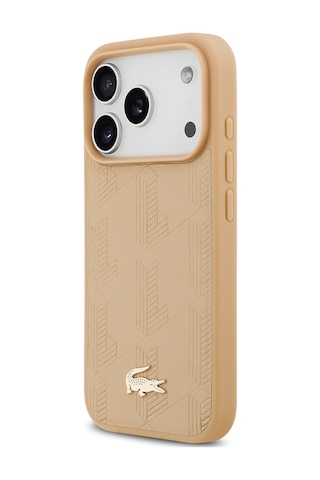 Apple Uyumlu iPhone 17 Pro Kılıf Lacoste Lisanslı M-safeli Pu Deri Karışık Monogram Desenli Kapak Bej Bej
