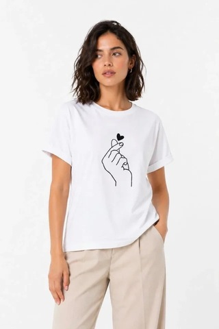Efnaz Style Kore Parmak Kalp Aşk Temalı Minimal Baskılı Tişört Yazlık Kısa Kol T-shirt - Beyaz