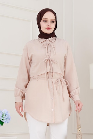 Sevitli Cepken Detaylı Bağlamalı Keten Tunik-bej-5114 Bej