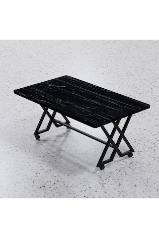 Makbulce Reyyan Orta Sehpa Siyah Metal Ayak Tekerlekli Siyah Mermer