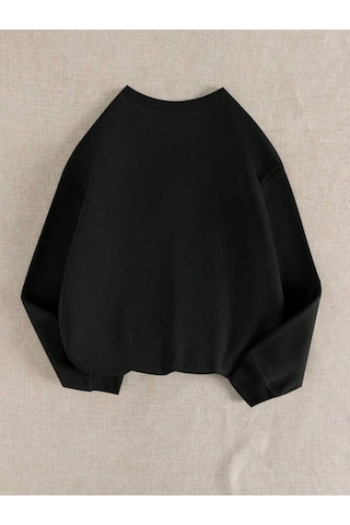 Ok Bear Sweatshirt - Siyah Baskılı Oversize Kalın Kışlık Bisiklet Yaka Siyah
