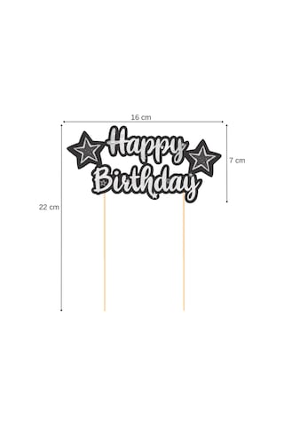 Siyah Gümüş Yıldız Temalı Happy Birthday Kaligrafi Pasta Üstü Süs Tüm Yaşlar