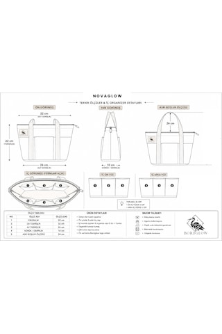 Bordglow Novaglow Design Serisi Küçük Boy - Siyah - Premium Kanvas Çanta - Tote Bag 9 Cep - Fermuarlı 32x22x10 Cm