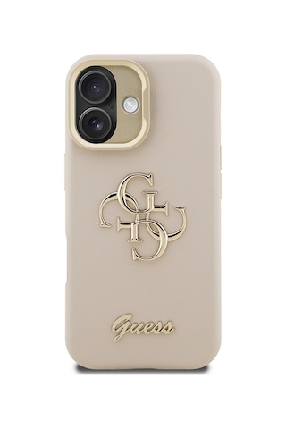 Apple iPhone 16 Uyumlu Kılıf Guess Lisanslı Grained Yazı Logolu Kamera Standlı Kapak Bej
