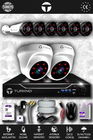 Turkno 8 Kameralı Galia 2 İç Kamera Set 1 TB HDD Full HD Gece Görüşlü Güvenlik Kamerası Sistemi