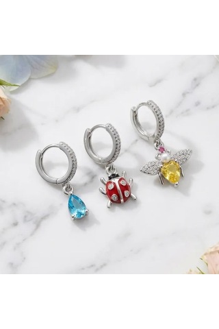 Çelik 3 Lü Küpe Set Arı Uğurböceği Mavi Taşlı Gümüş Renk