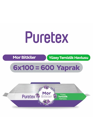 Puretex Yüzey Temizlik Havlusu Mor Bitkiler 6x100 600 Yaprak Beyaz