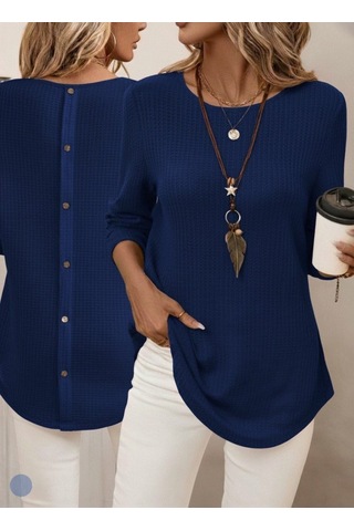 Tua Moda Kadın Uzun Kollu Yuvarlak Yaka Arkadan Düğmeli Waffle Bluz Lacivert