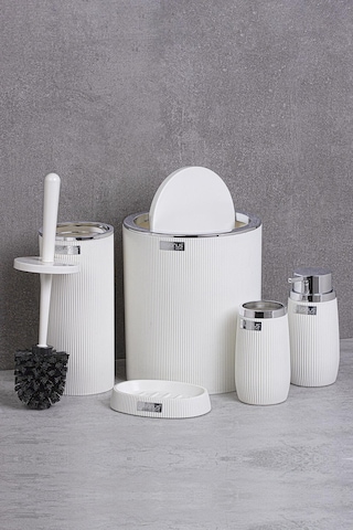 Okyanus Home Beyaz Kromlu Çizgili Yuvarlak 5'Li Banyo Seti Beyaz