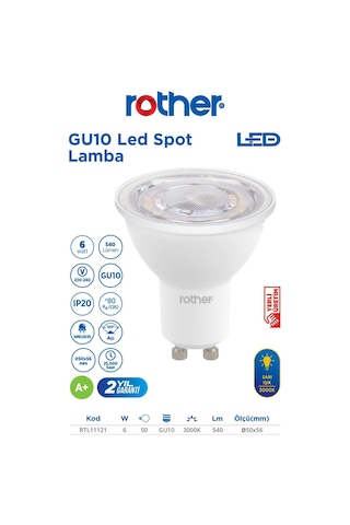 Rtl11121-5 Rother Gu10 Led Spot Ampul 6w 540 Lümen 3000k Sarı Işık Enerji Tasarruflu Ampul 5 Adet