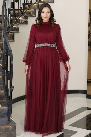 Alia Şık Taş Detaylı Büyük Beden Tesettür Abiye - Alya Bordo