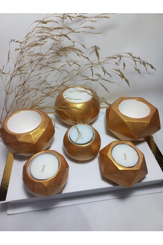 Antiquity Gold Ev Ve Ofis Aksesuarı Sukulent/kaktüs Saksı, Mumluk Set Dekoratif Obje 6 Parça Gold