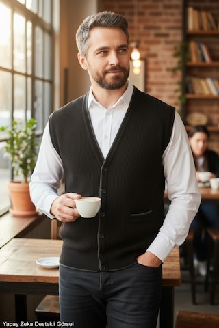 Kamalı Siyah Erkek V Yaka Triko Düğmeli Cepli Çizgi Desenli Regular Fit Tüylenmeyen Örgü Yelek Siyah