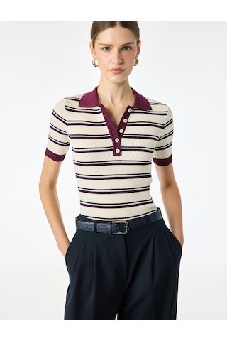 Koton Regular Fit Polo Yaka Çizgili Kısa Kollu Triko Kazak Bordo Çizgili 7wak90456ht