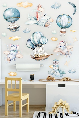 MSticker Sevimli Uçan Balonlar Bulutlar Ve Hayvanlar Çocuk Bebek Odası Sticker Seti