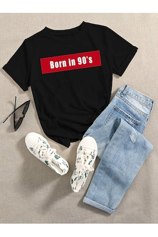 Kadın Beyaz Oversize 90's Baskılı T-shirt Siyah
