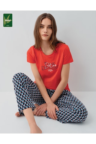 Pierre Cardin 9157 Modal Pamuk Cepli Kısa Kol Kadın Pijama Takımı Kırmızı