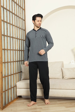 Enisena Erkek %100 Pamuklu Pijama Takımı-3 Düğmeli-12440 Füme