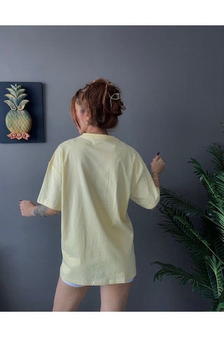 Kadın Oversize Basic Tişört Salaş Kesim Pamuklu Günlük T-shirt Sari