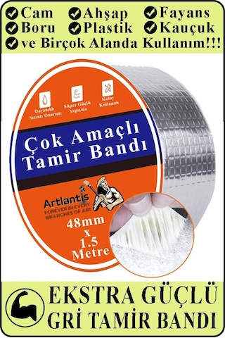 Çok Amaçlı Tamir Bandı 1 Adet Su Geçirmez Sızdırmaz Isıya Dayanıklı Sakız İzole Gri Tamir Bant 48mm 1.5 Metre 1 Adet