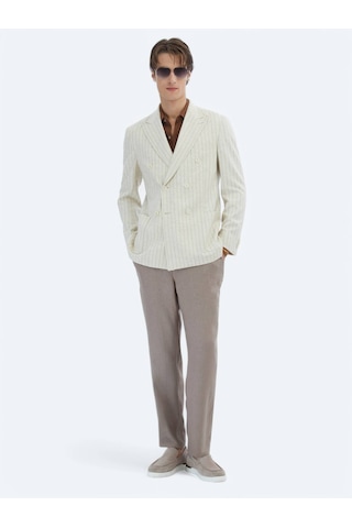 Kip Bej Çizgili Modern Fit Keten Karışımlı Ceket Bej
