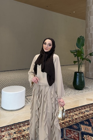 Riella Butik Mirel Volanlı Tesettür Takım Vizon