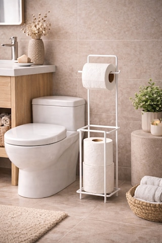 Modern Standlı Yedek Hazneli Tuvalet Kağıtlığı Şık Banyo Düzenleyici Organizer Paslanmaz Metal Çok Renkli