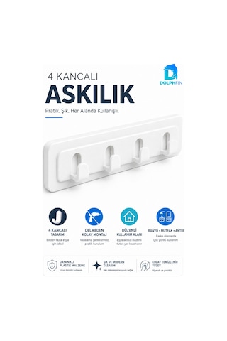 4 Kancalı Yapışkanlı Duvar Askılığı Delmeden Montaj Beyaz