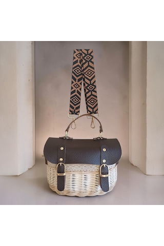 Handanrattan Dantel Detaylı Özel Tasarım Rattan Omuz Çantası - Kahverengi Deri Kapaklı Vintage Model Kahve