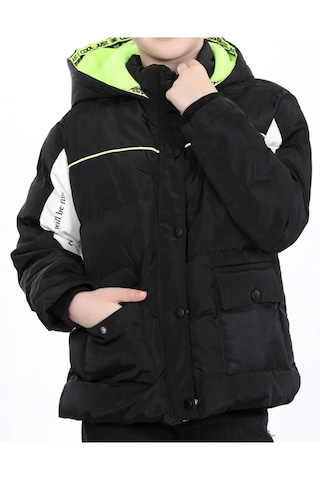 Erkek Çocuk Kolları Renk Bloklu Yazı Desenli Şerit Detaylı Fermuar Çıtçıt Kapamalı Siyah Renk Mont Siyah