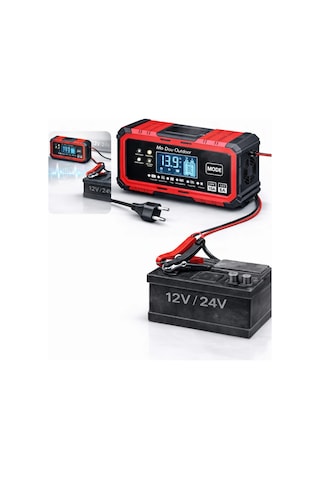 Exenar - Kırmızı - Akıllı Akü Şarj Cihazı Bakım Onarım Akü Şarj Makinesi 12v 15a 24v 8a Otomatik Dijital Ekran