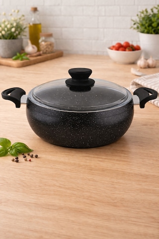 Granit Pro 18 Cm Derin Granit Güveç Tencere Siyah Bakalit Saplı Cam Kapaklı Yapışmaz