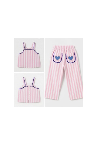 Poala Kids Kalp Nakışlı Keten Takım Pembe