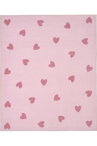 Pembe Kalp Desenli Çocuk Oda Halısı, Meridyendukkan 133 x 160 CM Kauçuk Kaymaz Taban