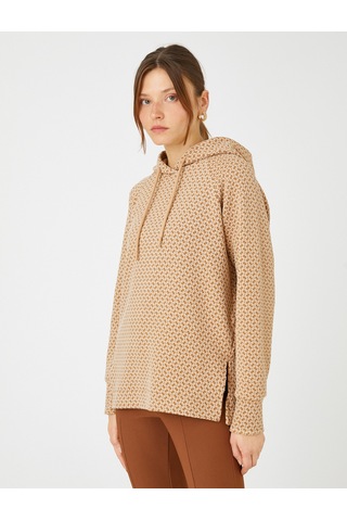 Koton Kapüşonlu Uzun Sweatshirt Dokulu Yırtmaçlı Bej Desenli 3wak10209ek Ekru