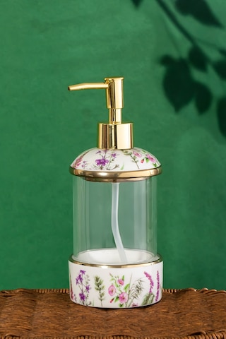 Porsima 3127-1 Gold Kapaklı Porselen Ve Cam Sıvı Sabunluk Çiçek Desenli Ve Şeffaf Tasarım 350 Ml Gold