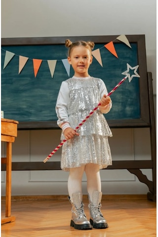 Kız Çocuk Örme Şerit Kollu Payetli Elbise Mnt25k232 Gri