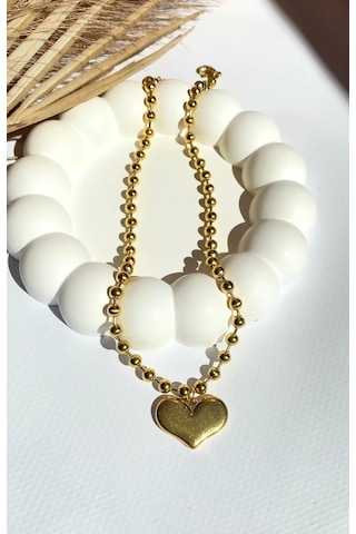 Altın / Gold Renk Kalp Figürlü Toplu Zincirli 316l Çelik Kolye Gold
