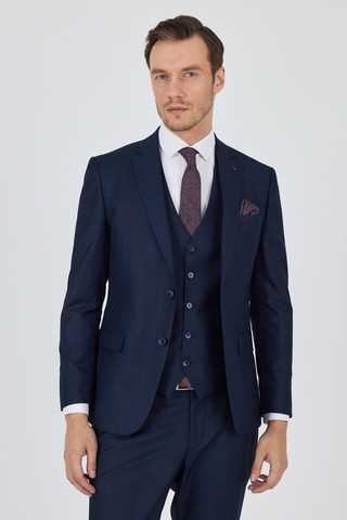 İmza Düz Filafil Mono Yaka Tam Astar Yelekli 6 Drop Slim Fit Takım Elbise 1001250171 Koyu Lacivert