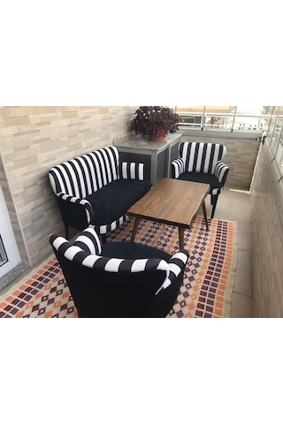 Kayser Home Çay Seti Koltuk Takımı - Oturma Grubu - Balkon - Ofis - Bahçe Mobilyası - Nubuk Kumaş Zebra - Siyah Ayak